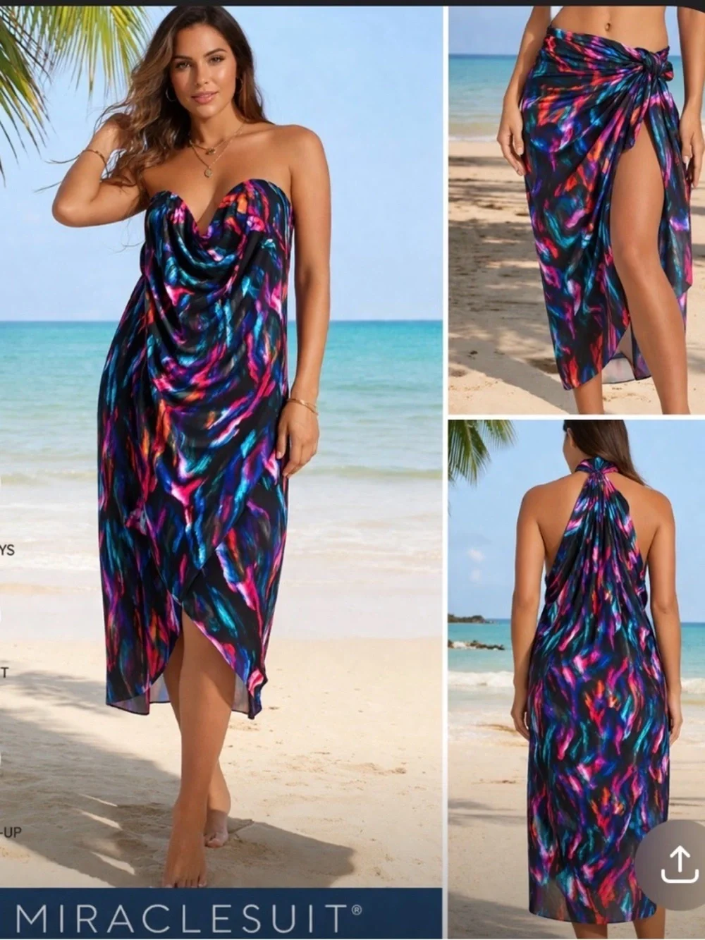 Miraclesuit Sarong Cover Up L/XL Black Multicolor Draped Swim Wrap NWT $92